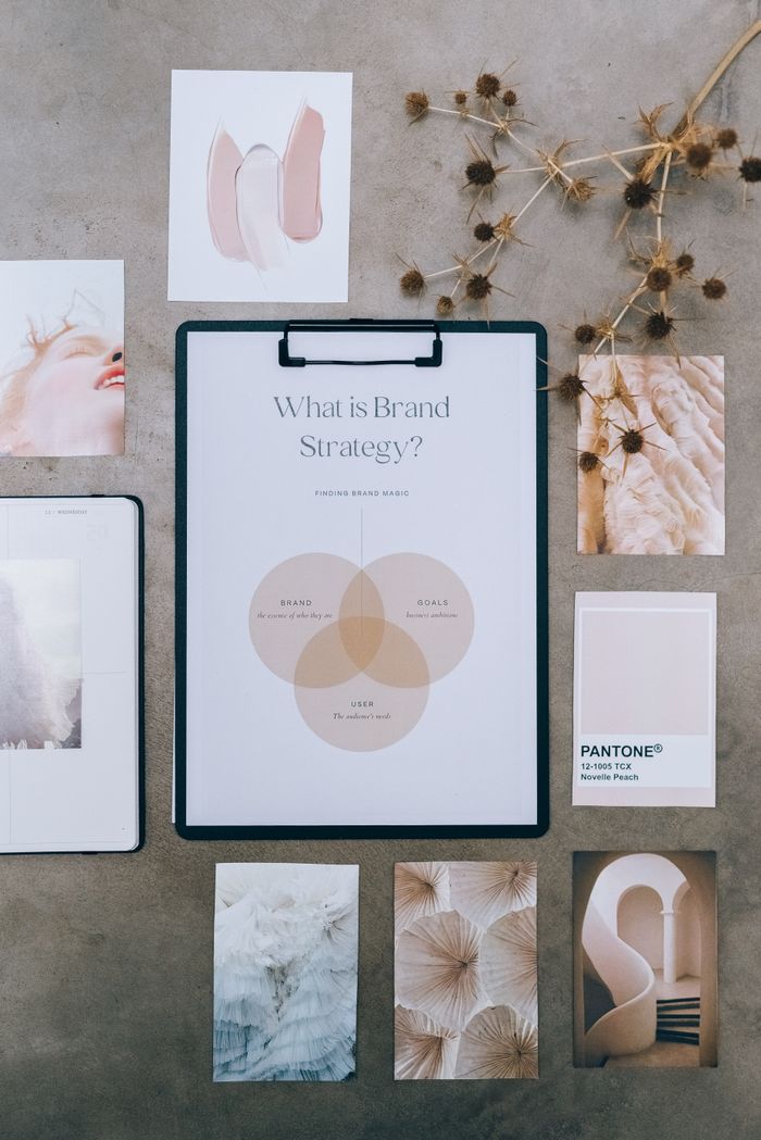 Mastering the First Impression: Your intriguing post title goes here Artistic flat lay featuring a brand strategy chart surrounded by design elements and neutral tones.